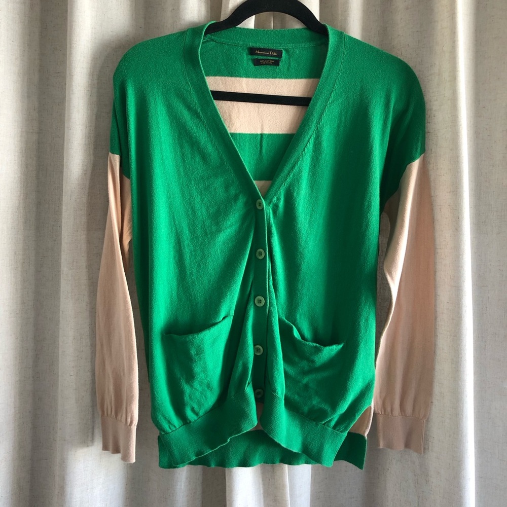 Massimo Dutti Green and Cream V-Neck Button Cardigan